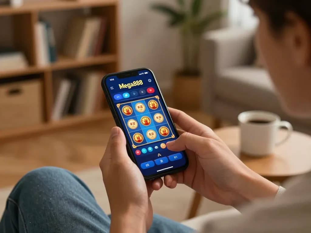 Mega888 mobile gaming experience in a cozy home setting, showcasing smartphone gameplay.