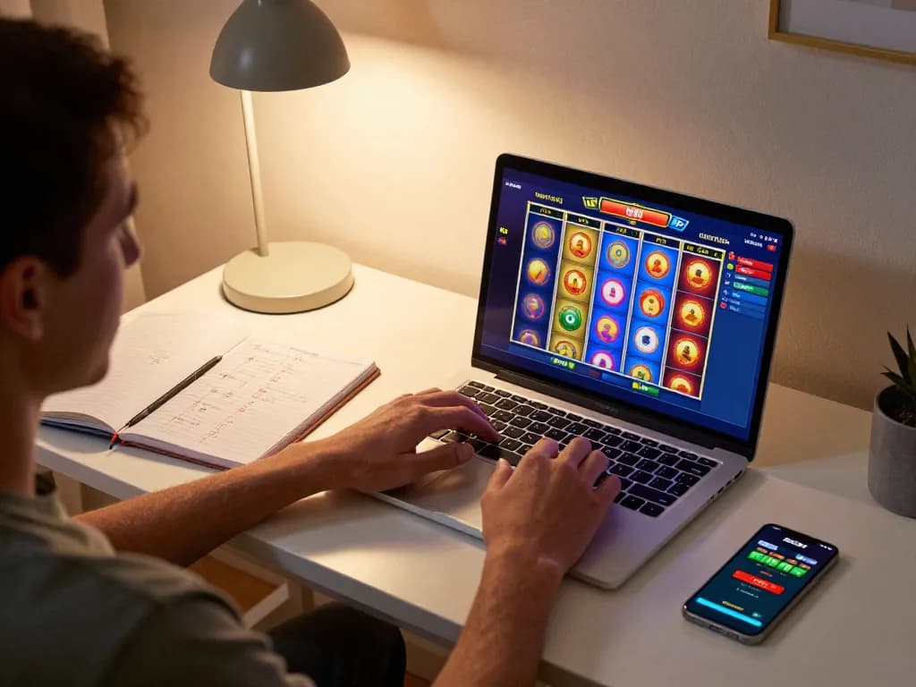 Engaging online gaming scene with a user exploring sun win slots on a laptop, highlighting responsible gambling.