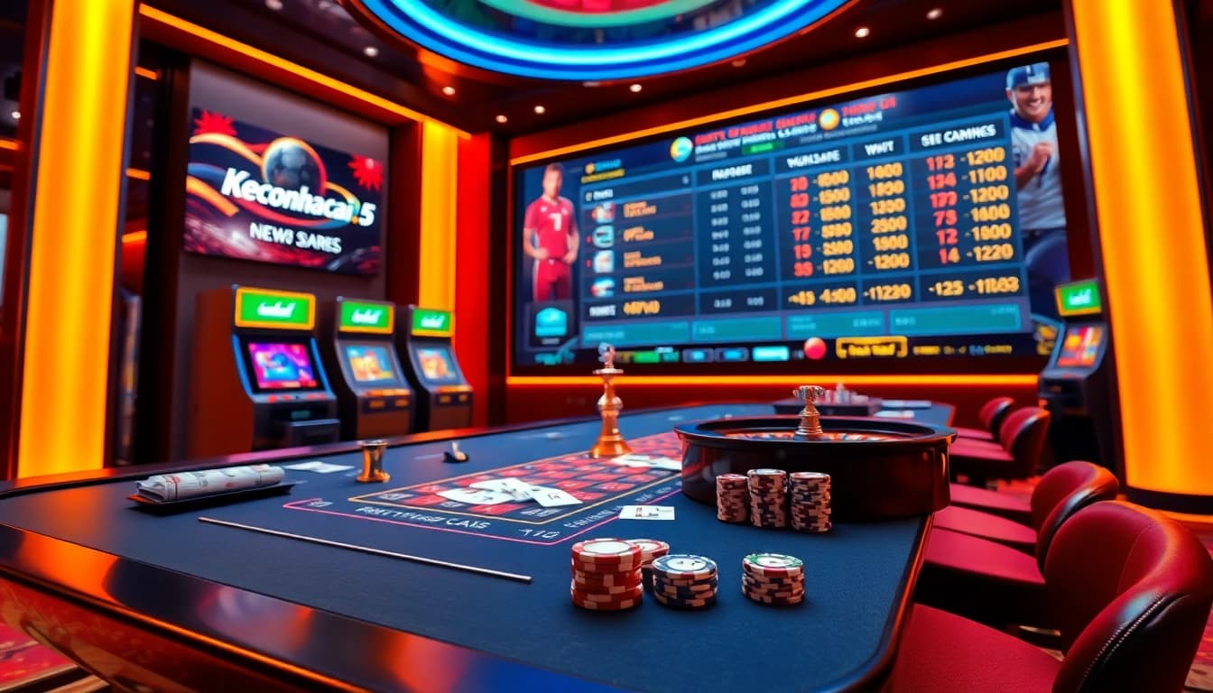 Experience excitement at keonhacai5 with a vibrant online gambling scene filled with casino elements.