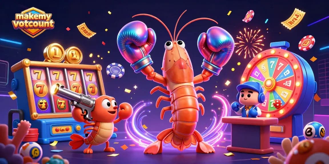 Engage with makemyvotecount as a playful mantis shrimp leads a vibrant slot and lottery scene