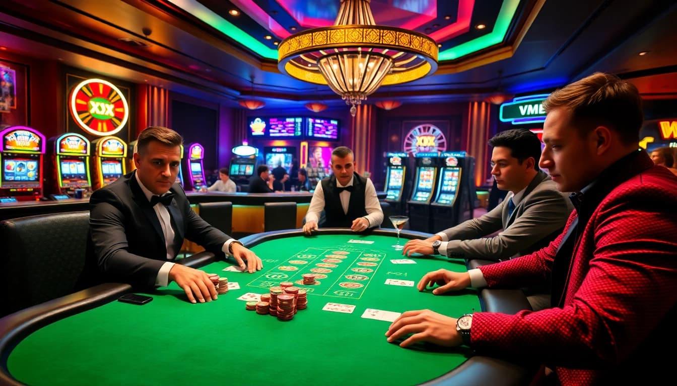 Players enjoy a thrilling poker game at XX 88 casino with vibrant atmosphere and classy ambiance.