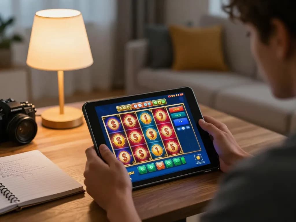 Engaging with free spins casino bonus on a tablet while enjoying comfortable home gaming.