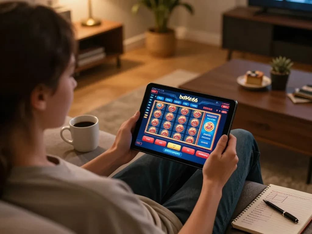 Engaging in bdtk66 online gaming from a cozy living room, showcasing tablet interface and strategy notes.