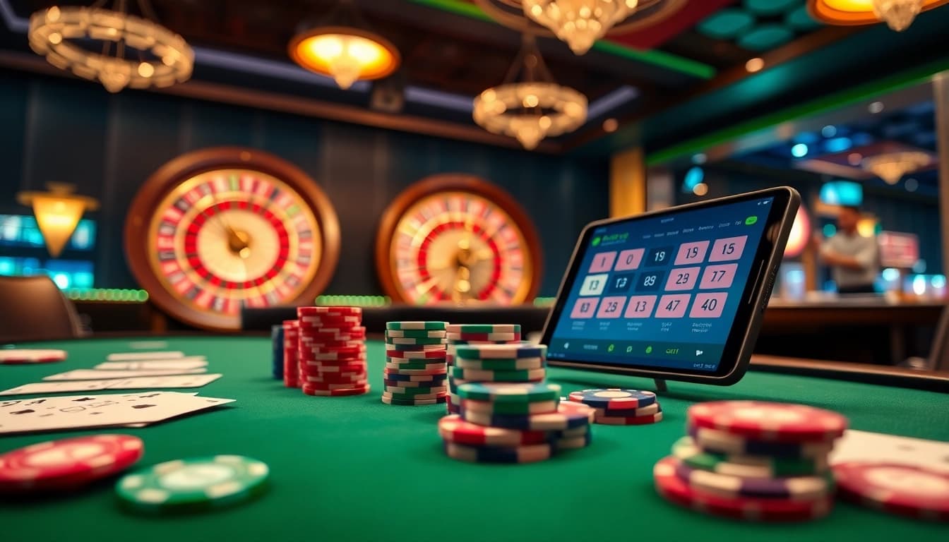 Engage with Judi Bola Online betting at a luxury casino setting featuring poker chips and mobile devices.