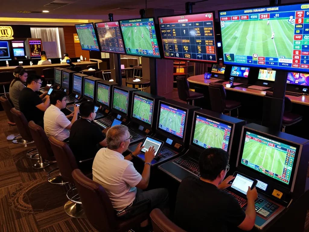 Kèo nhà cái 5 sports betting area with patrons placing bets and screens displaying live odds