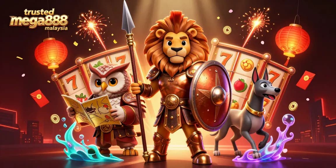 Engage in trusted mega888 malaysia with an exciting 3D scene featuring a Spartan lion, owl strategist, and swift greyhound.