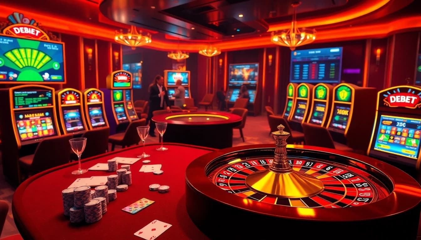 Engage with thrilling gameplay on the Trang Chủ DEBET, featuring vibrant casino tables, high-stakes poker chips, and glowing slot machines.