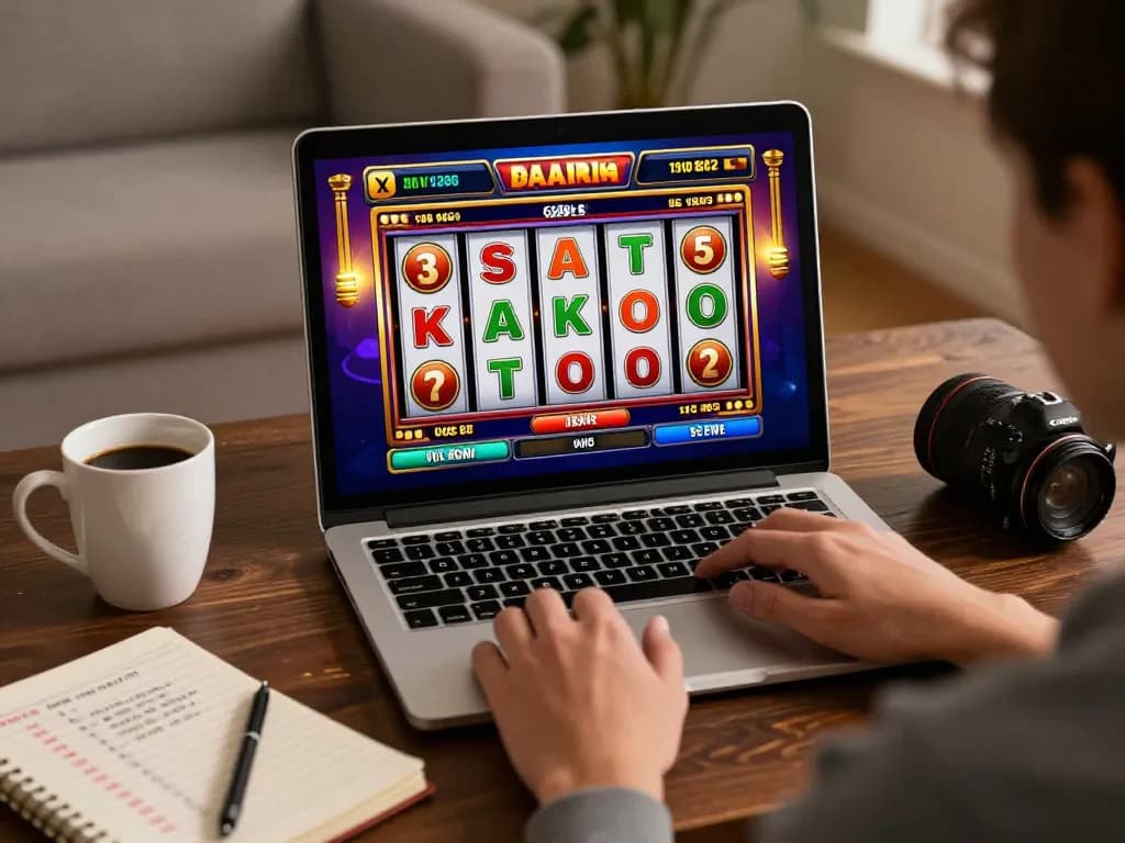 Player enjoying an online slots game at bem88l with a cozy setup featuring strategies and drinks.