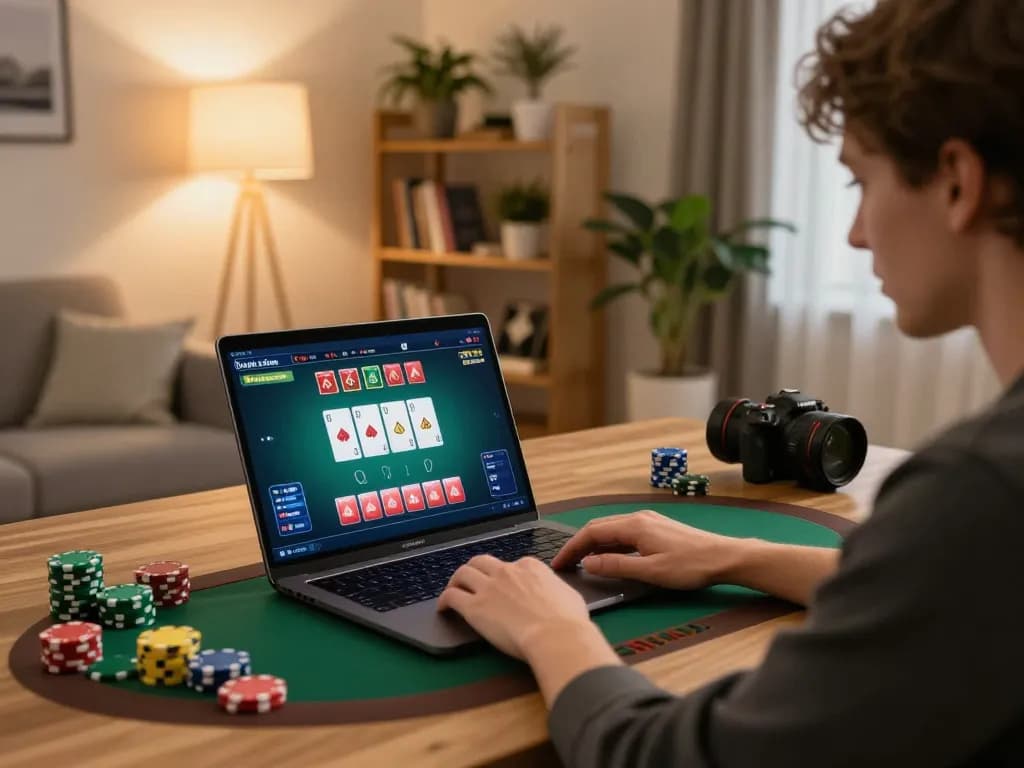 Engaging in online casino gameplay on God55 platform from a cozy home setup, showcasing strategic focus and comfort.