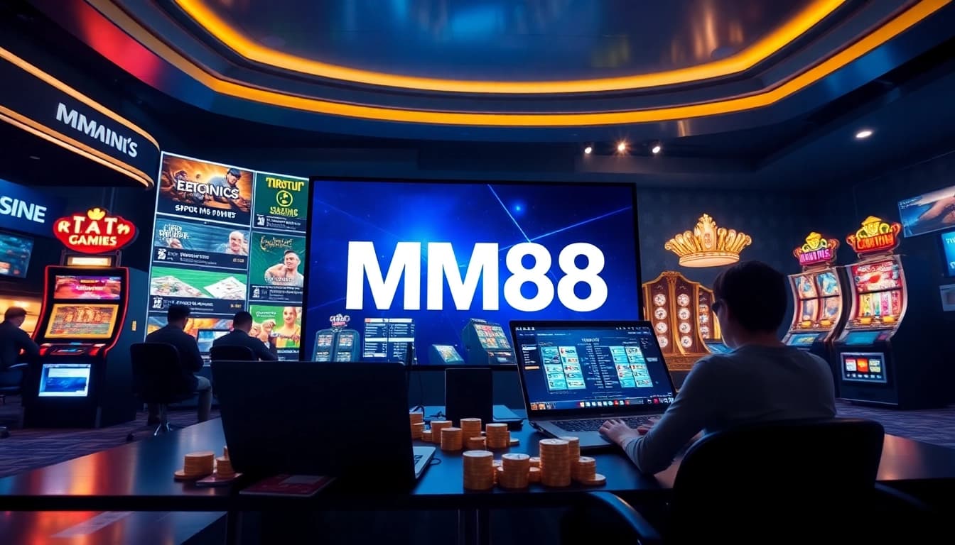 Dynamic digital interface showcasing games on MM88, featuring sports betting, casinos, and slots.