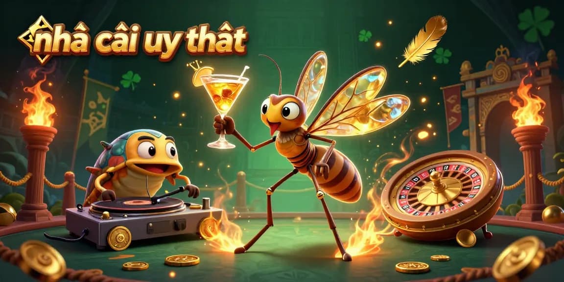 Engage with the vibrant scene showcasing nhà cái uy tín as a frozen mosquito mascot and trilobite DJ at an exciting online casino.