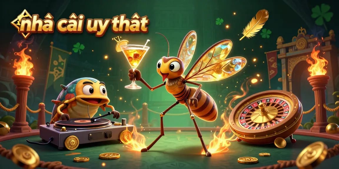Engage with the vibrant scene showcasing nhà cái uy tín as a frozen mosquito mascot and trilobite DJ at an exciting online casino.