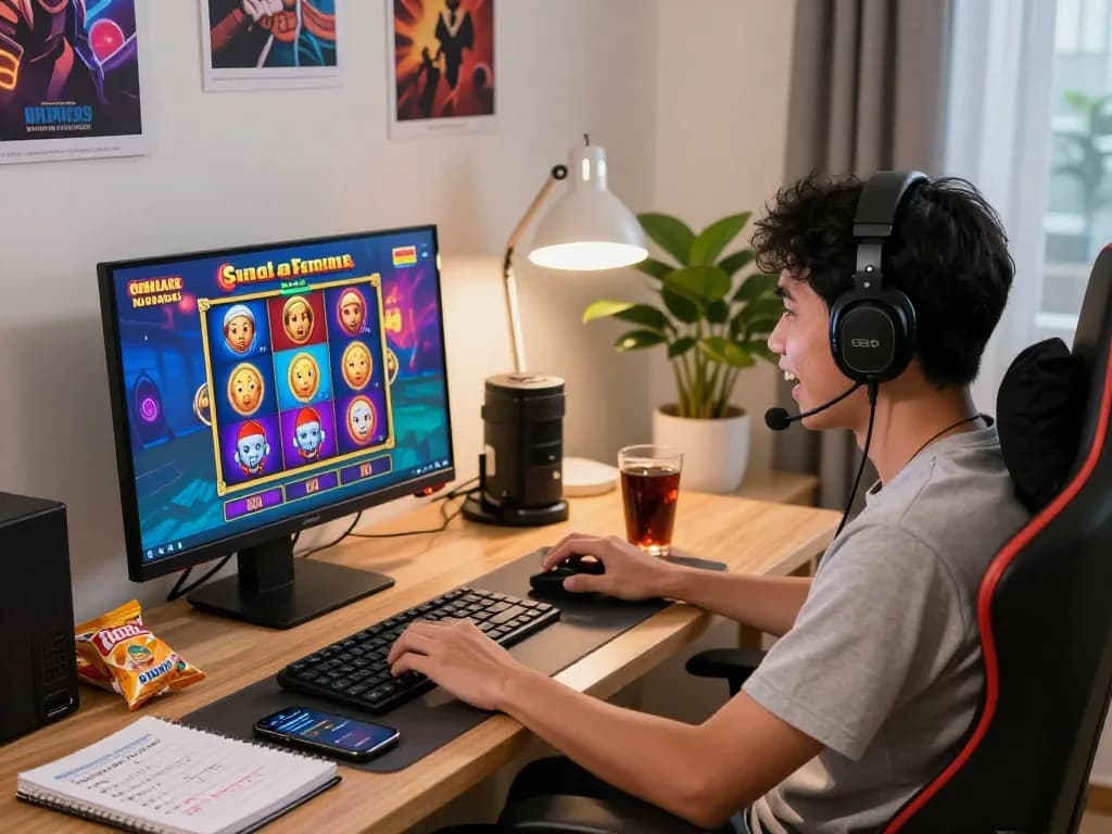 Excited player engaged in zeus138 online slot gaming on a computer in a vibrant home office setting.