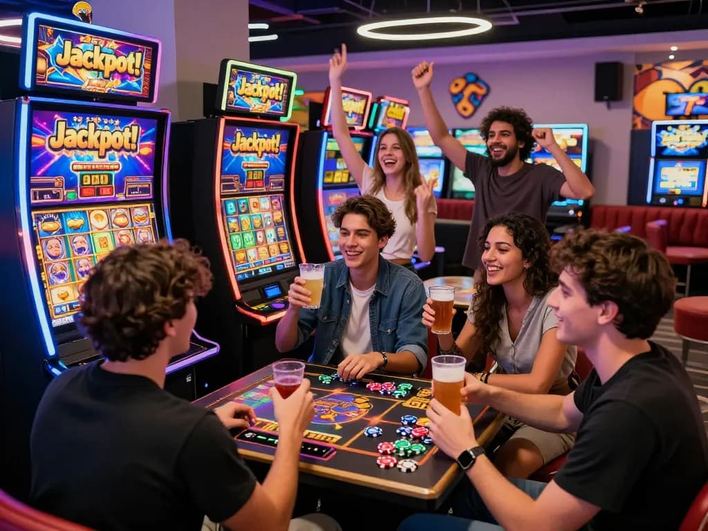 Menarik Slot777 adegan permainan yang menampilkan kegembiraan bocoran slot online dengan teman-teman merayakan jackpot di lounge yang semarak.