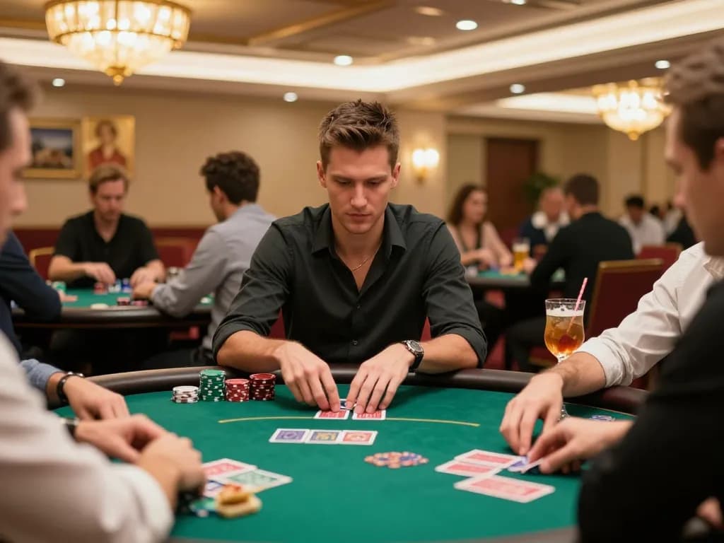 u888 player concentrating on poker game with luxurious ambiance, showcasing strategic gameplay and tension.