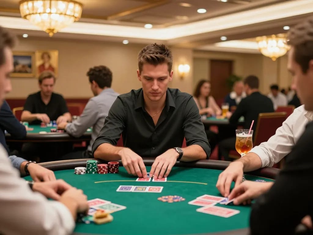 u888 player concentrating on poker game with luxurious ambiance, showcasing strategic gameplay and tension.