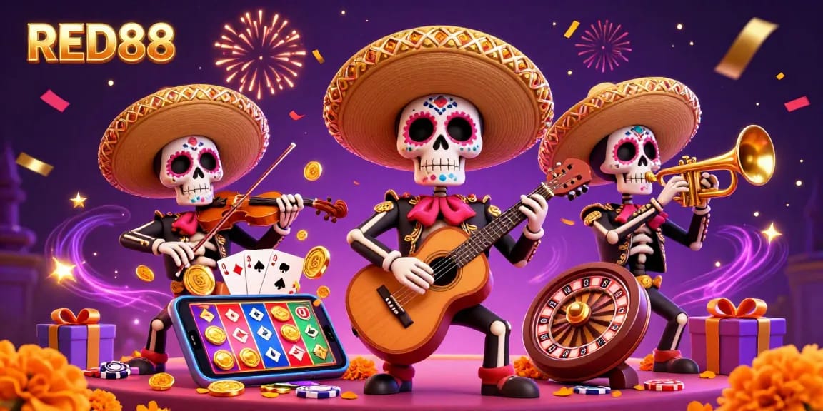 Experience the excitement of RED88 with a lively mariachi band celebrating around casino games.