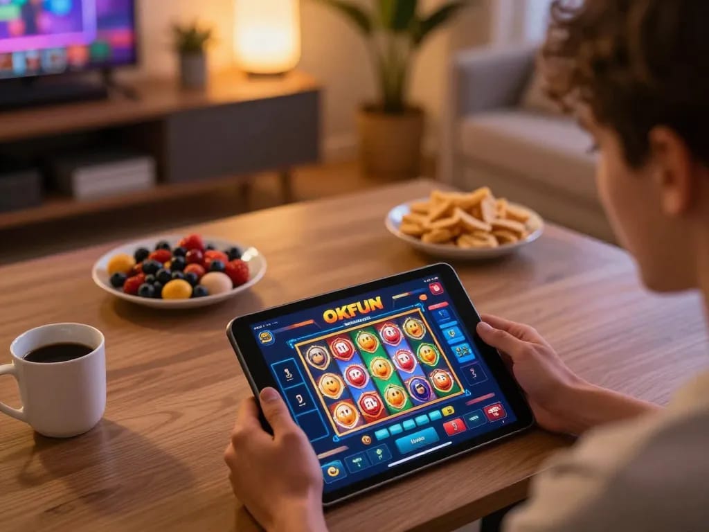 Engaging scene of a player using the OKFUN app for online gambling, showcasing vibrant gaming atmosphere.