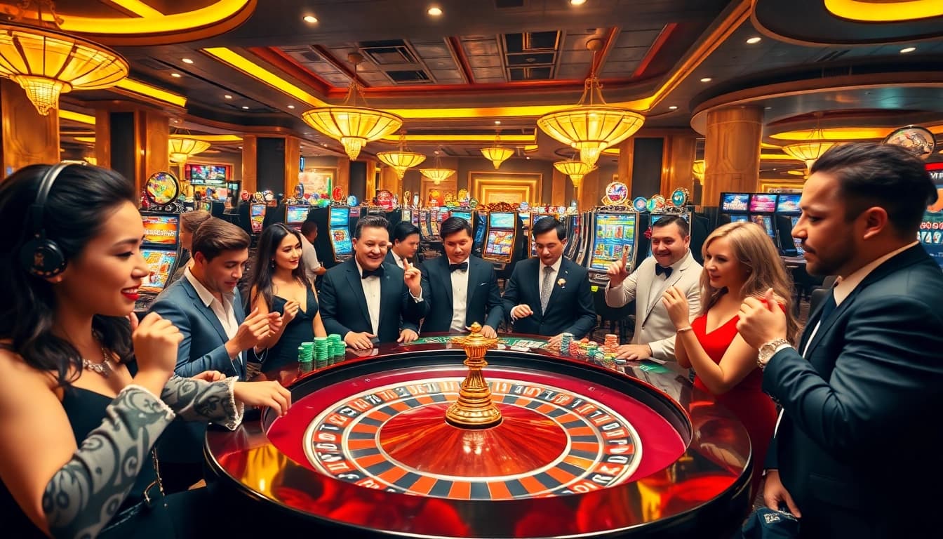 Players enjoying a thrilling game at RR 88 casino with vibrant roulette and poker elements.