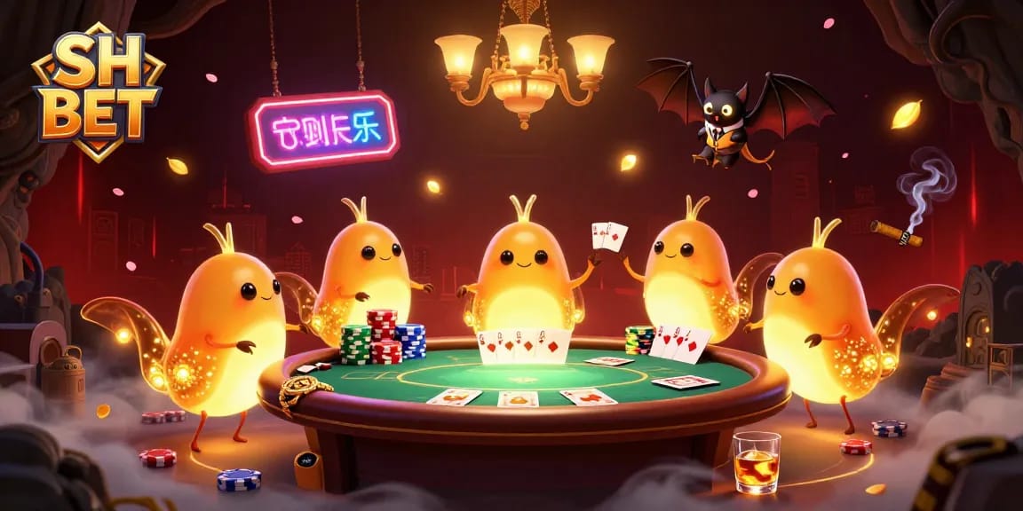 Win big with SH BET in this vibrant, dynamic casino scene featuring glowworms and gaming elements.