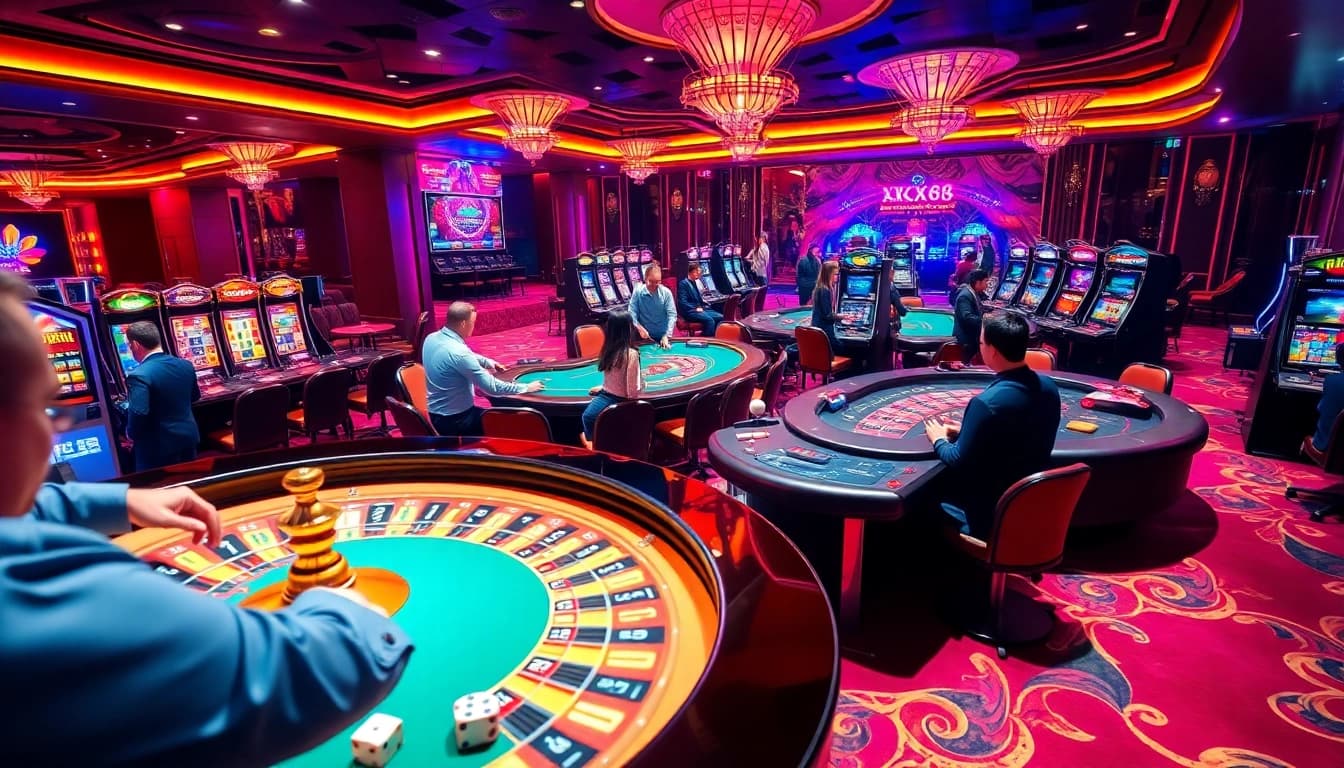 Players enjoying thrilling games at nhà cái XX88 with vibrant casino elements and a festive atmosphere.