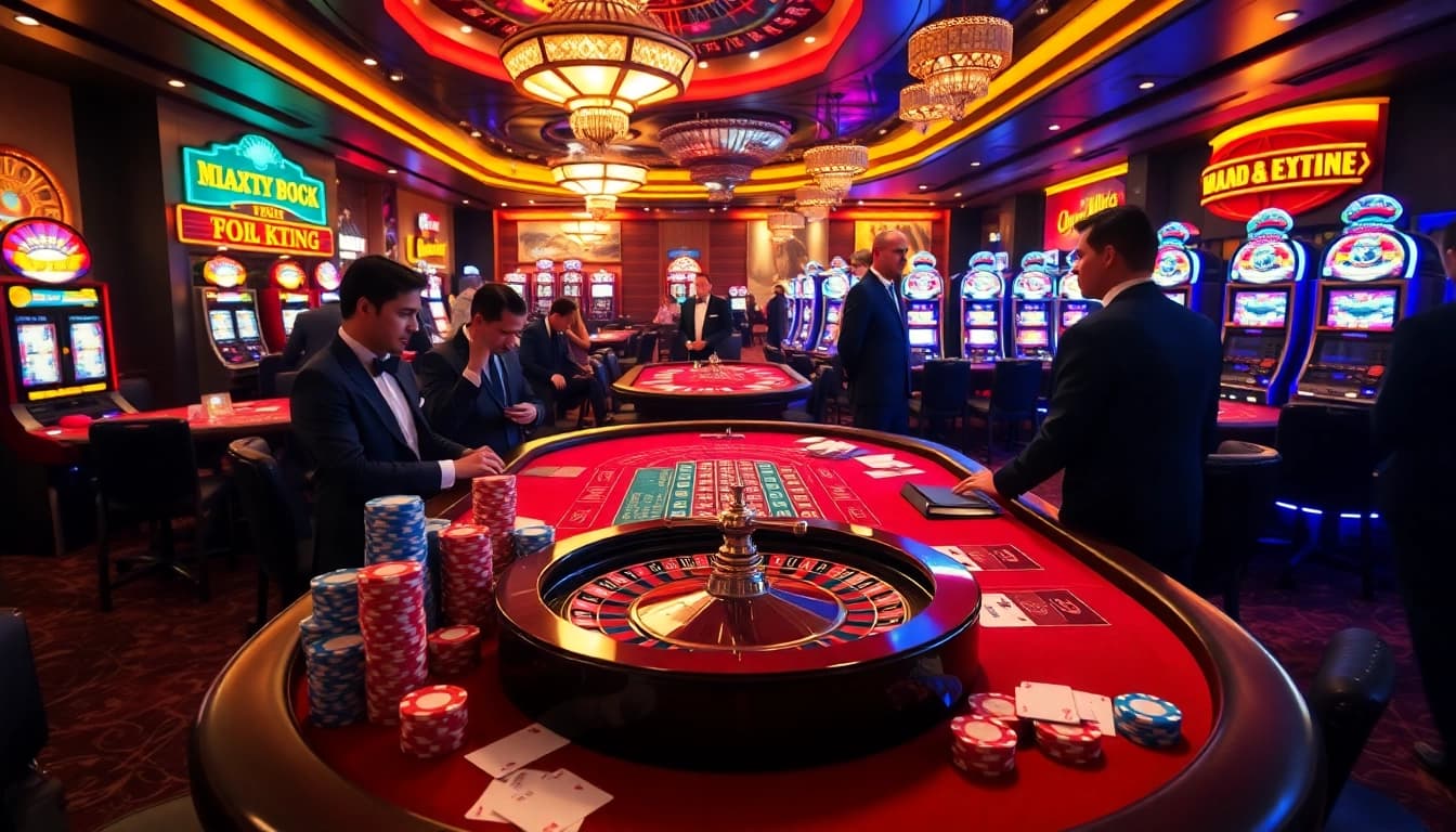 S8 casino scene with poker tables, vibrant slot machines, and professional dealers engaging players.