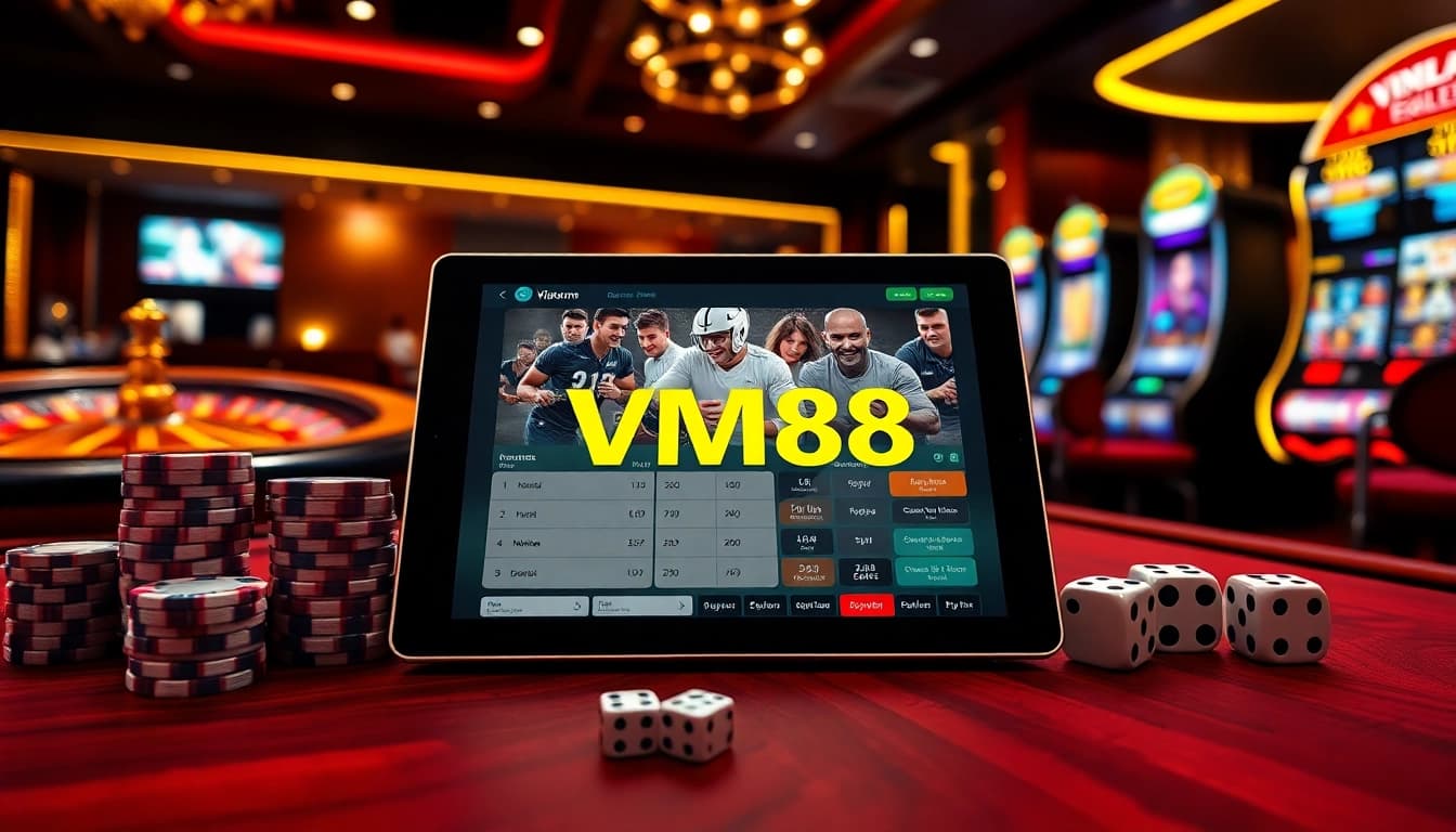 VM88 online casino interface showcasing strategic betting with poker chips and roulette wheel in premium casino setting