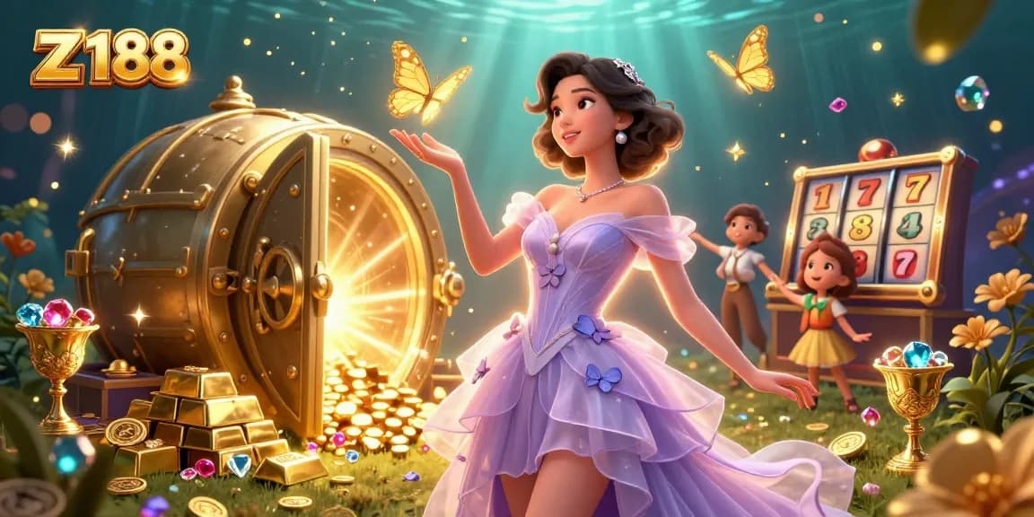 Engage with Z 188's vibrant casino world featuring slot reels and stunning visuals of gold treasures.