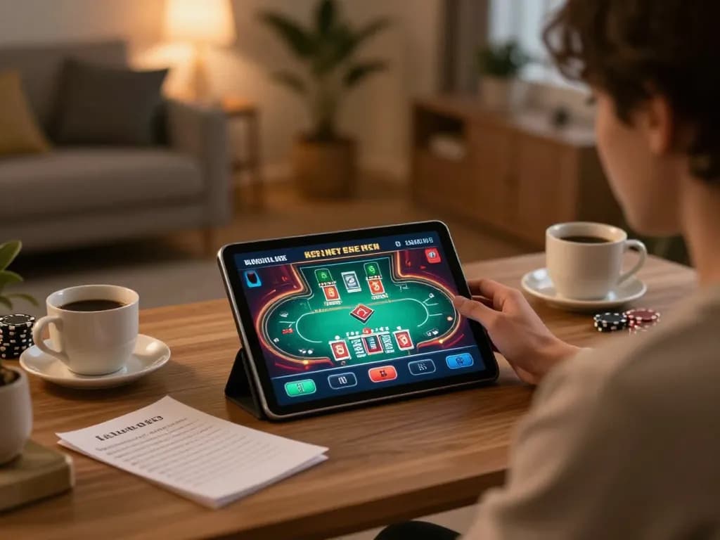Player engaging with mm88 poker game on a tablet at home with strategic notes and warm lighting.