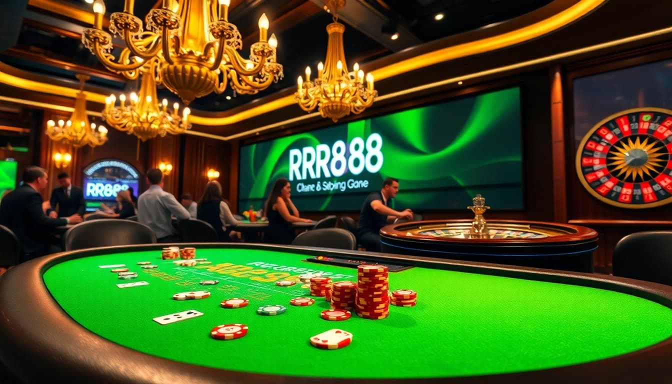 Exciting gambling scene at RR88 featuring a live blackjack table, poker chips, and roulette wheel.