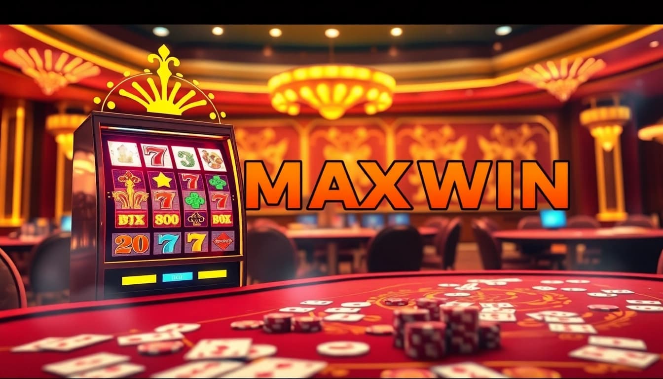 Experience Slot Maxwin excitement with vibrant casino visuals of lively slot machines and chips.