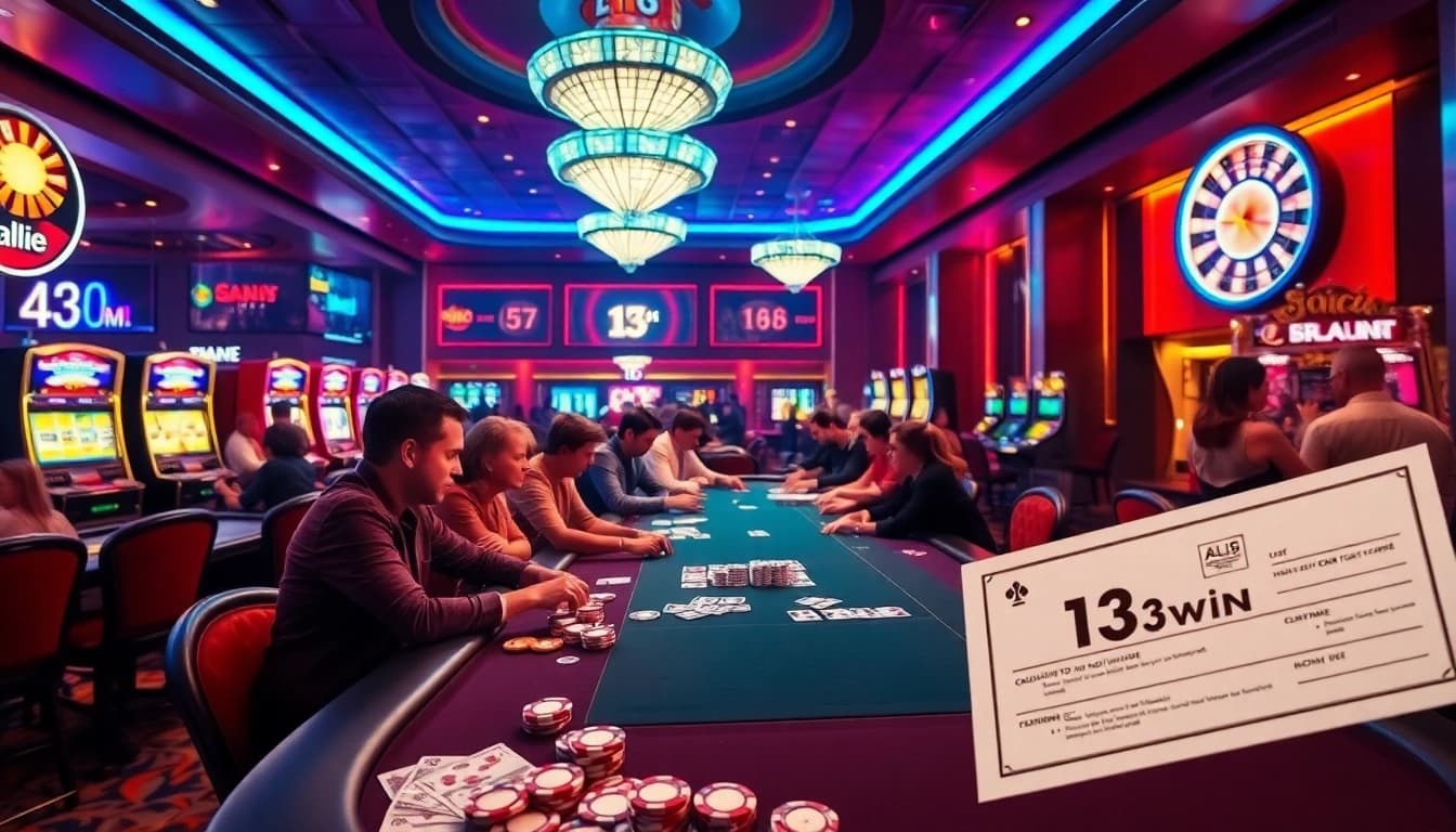 Players enjoying a poker game at 13Win with vibrant slot machines in the background