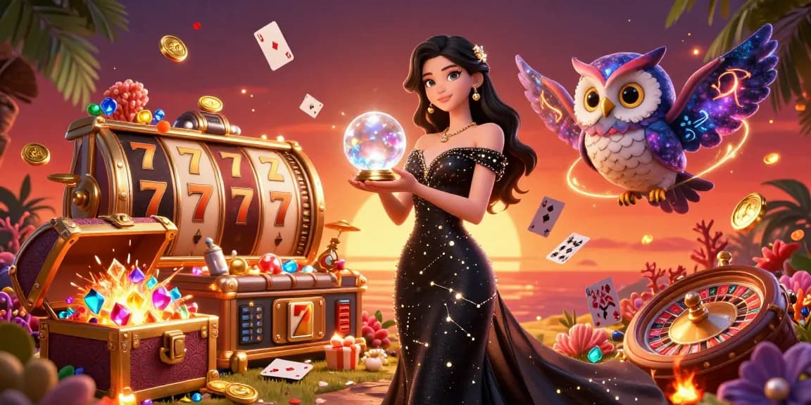 Engage with dewagg's premier gaming experience through a vibrant 3D casino scene showcasing thrilling slot reels and mystical elements.