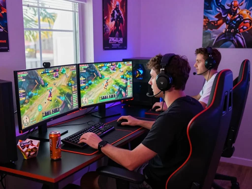 Gamer enjoying DEWI123 online gaming with high-tech setup, vibrant atmosphere.