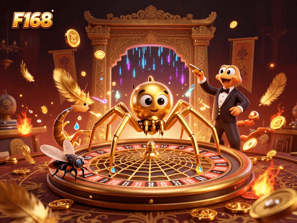 Bet on F168 with thrilling casino games featuring a cartoon spider and croupier web scene.