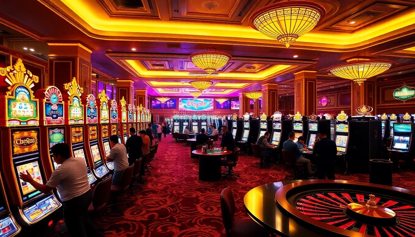 Players winning big at nohudoithuong casino, surrounded by vibrant slot machines and table games.