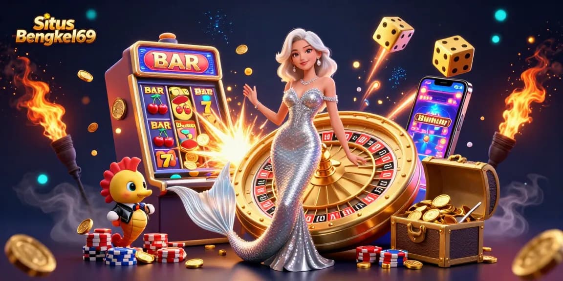 Situs Bengkel69 invites players to engage with a vibrant casino scene featuring a mermaid and roulette.
