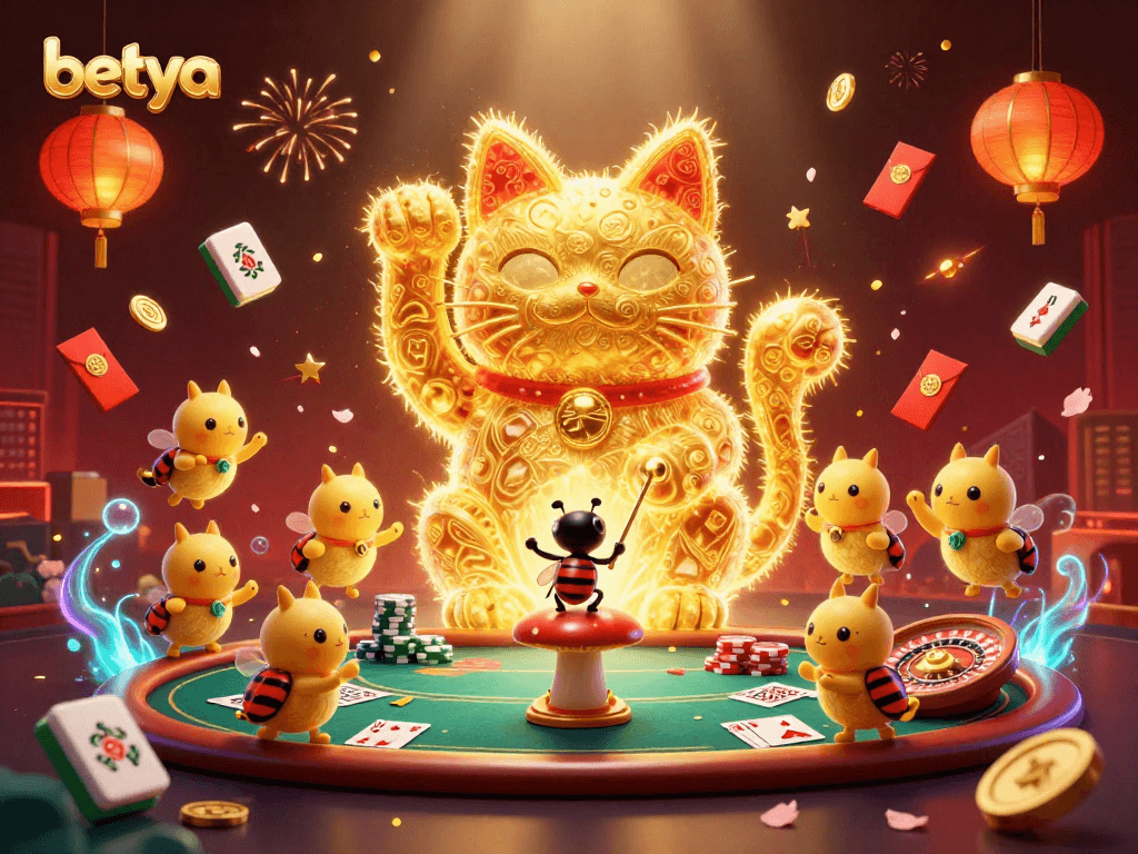Engage with betya at a vibrant casino scene featuring a lucky cat and poker elements