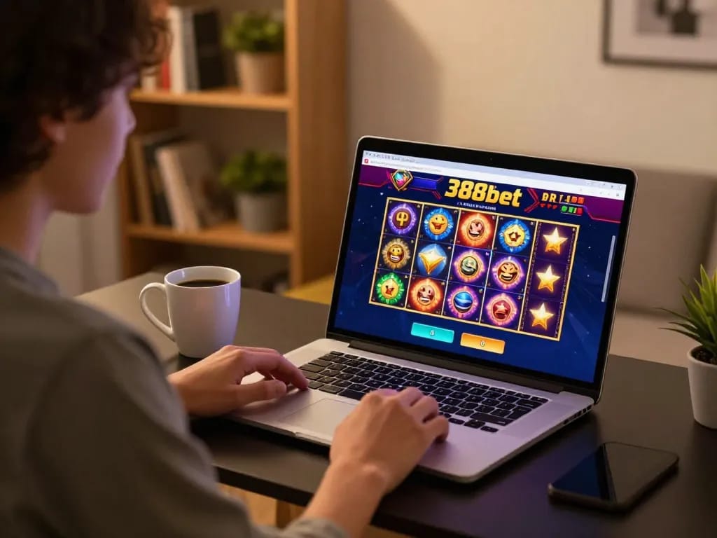 Engaging online gameplay at 388bet casino with vibrant slot reels and a focused player.