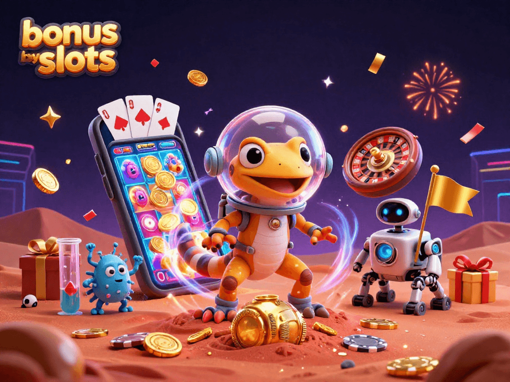 Engage with bonus buy slots as a Martian gecko and robot explore a golden casino on Mars.