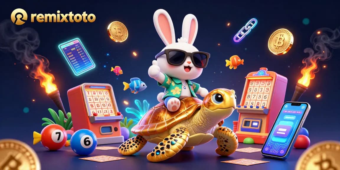 Experience the excitement of remixtoto lottery with our illustrative scene featuring a lucky rabbit, golden turtle, and vibrant underwater elements.
