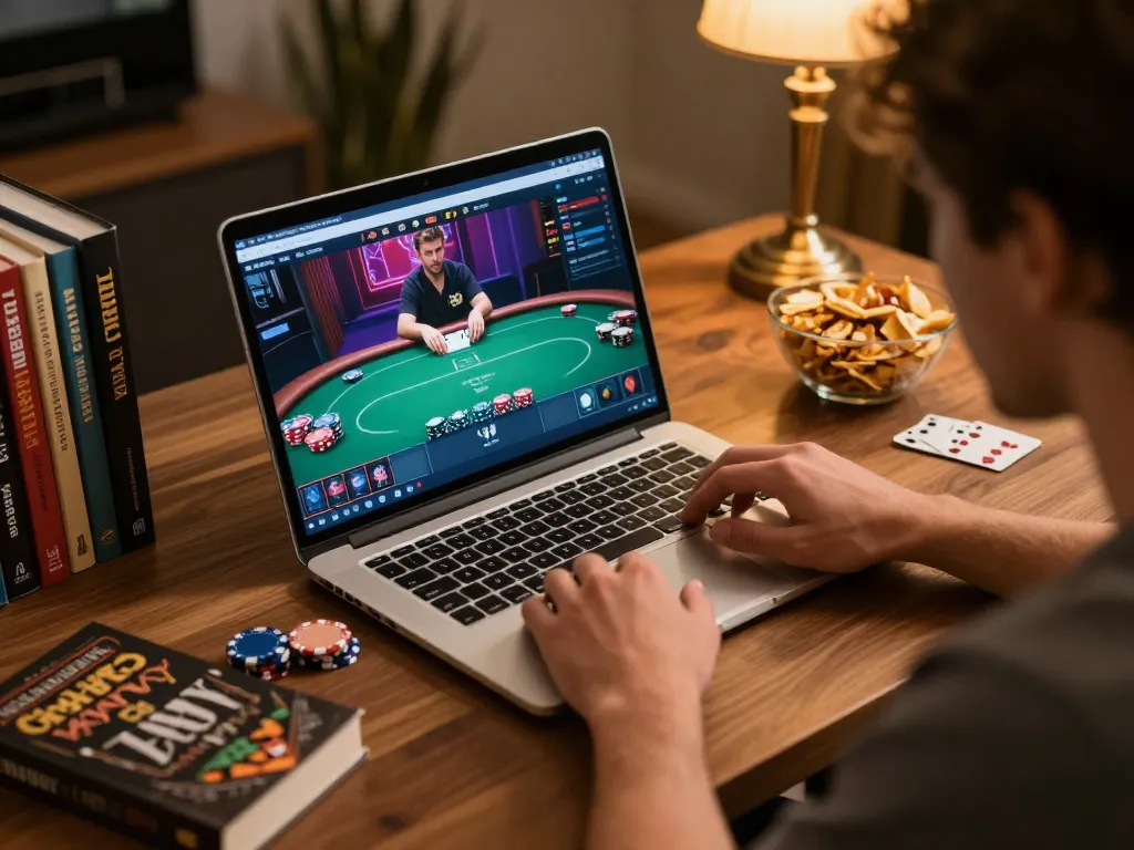 Ready for action, a player strategizes an online poker game on KU3933's vibrant interface, surrounded by helpful guides.