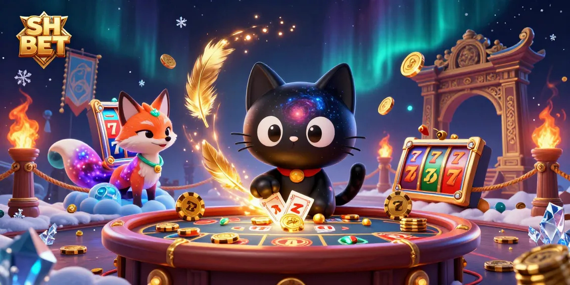 SH BET casino illustration featuring a cosmic cat pulling in chips at a vibrant gaming table