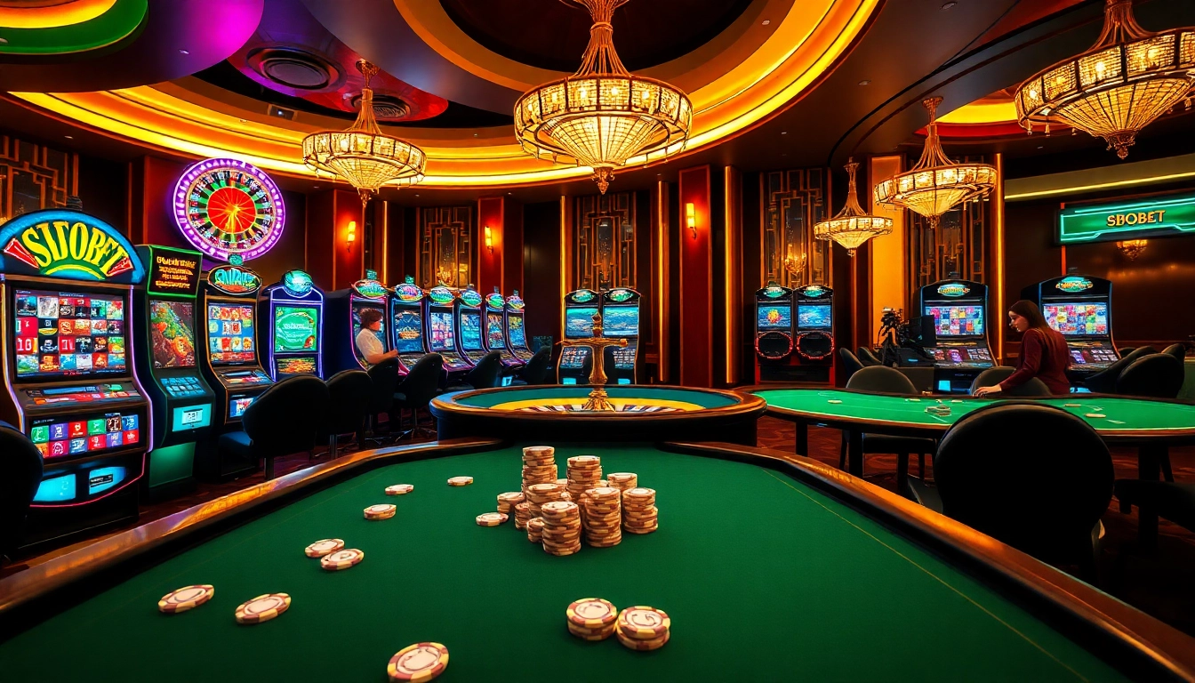 Experience high-stakes betting action at SBOBET with vibrant casino tables and engaging gaming interfaces.