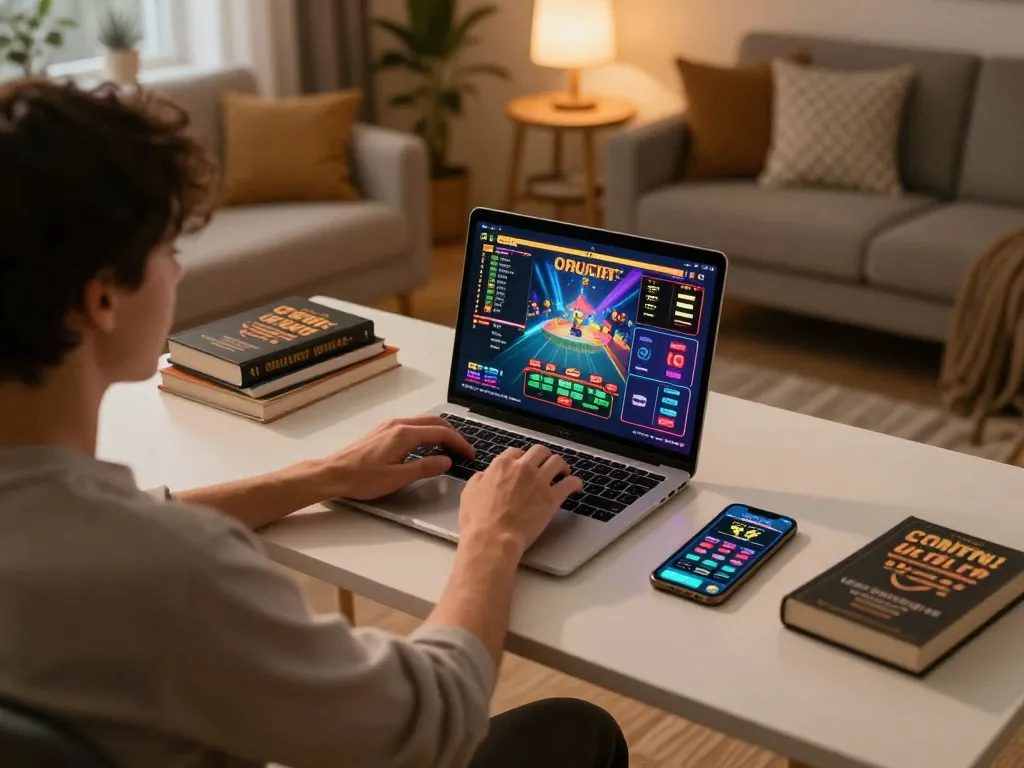 Goal 123 user engaging in online casino gaming at home, surrounded by strategic gambling elements.
