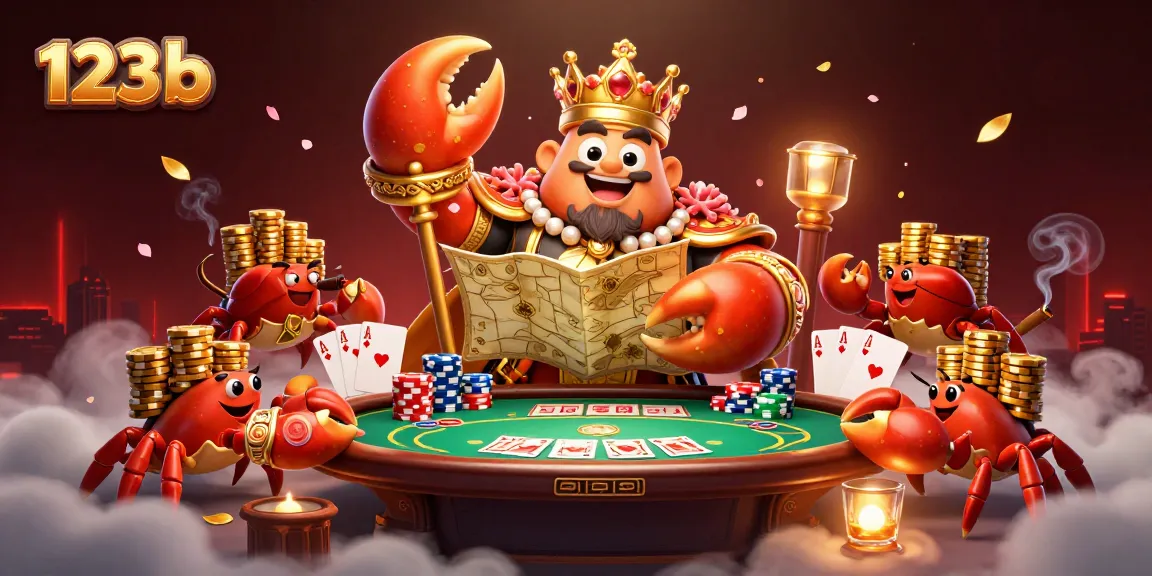 Experience excitement with 123b, featuring a golden crab emperor amidst poker elements, vibrant casino theme.