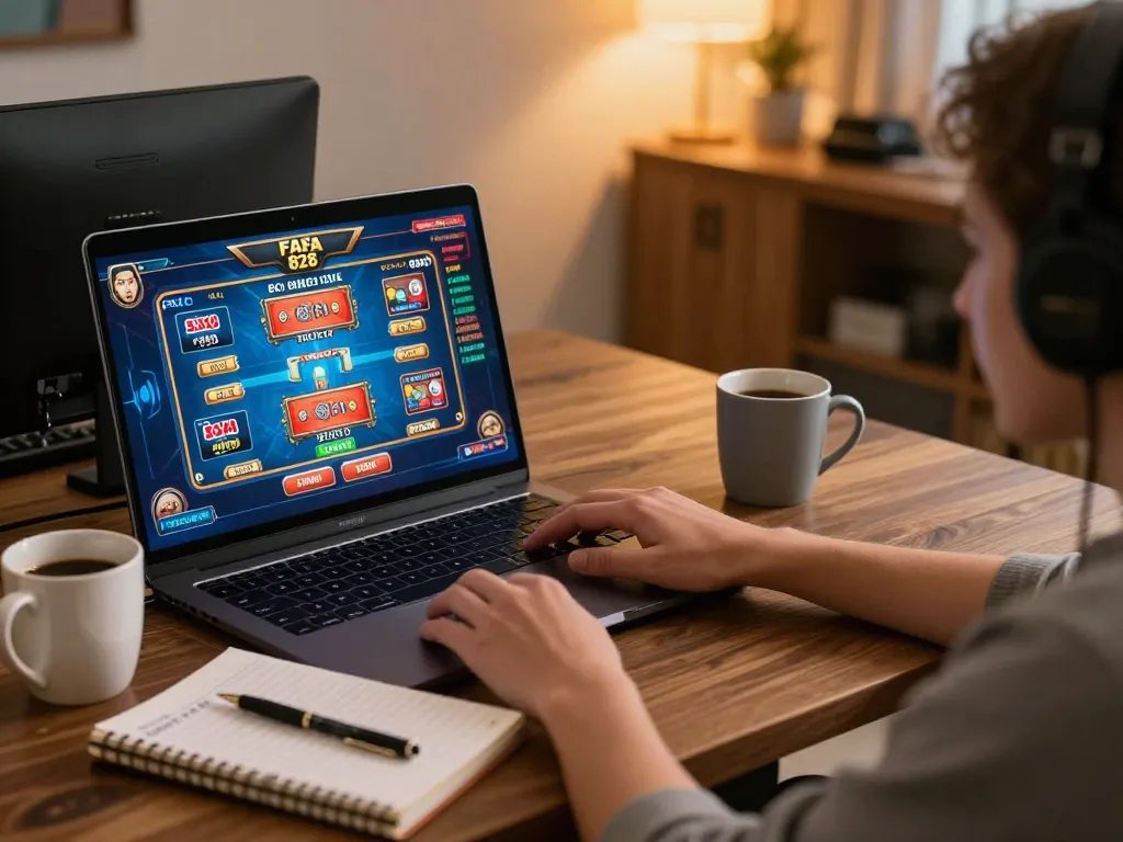 Engaging in online gaming with Fafa 828 on a laptop, showcasing interactive casino experience