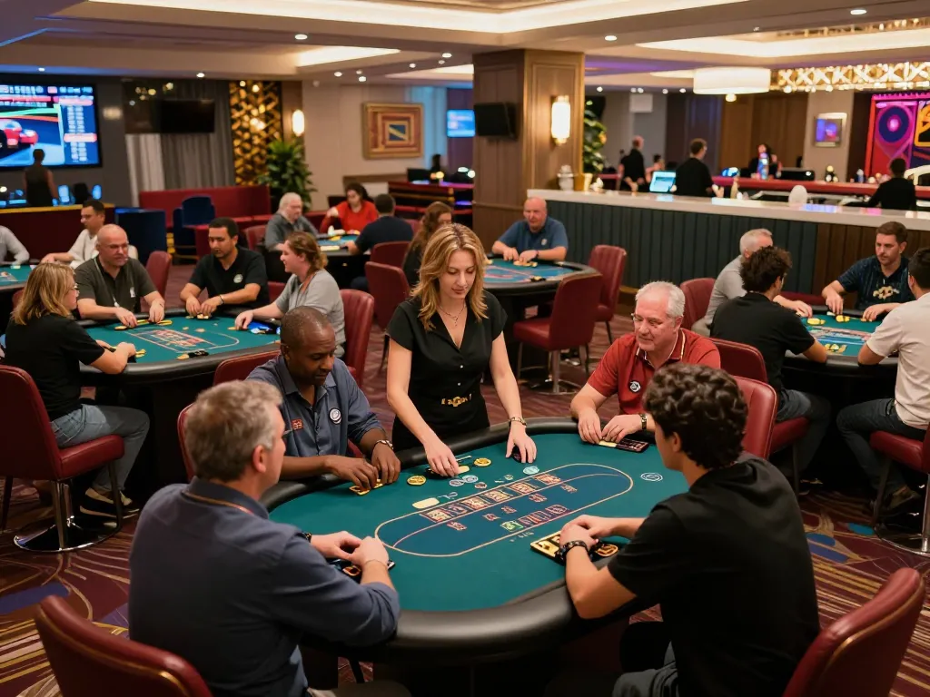 Players enjoy strategic poker gameplay at KK55 casino with vibrant atmosphere and professional croupier.