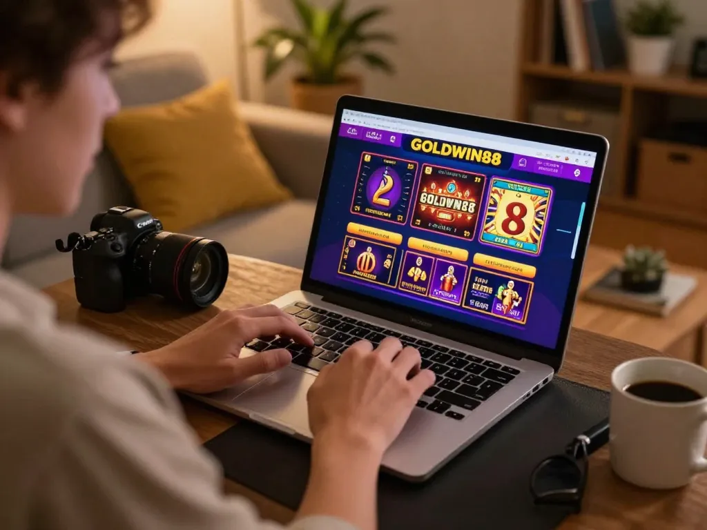Suasana menarik seorang pemain yang merencanakan strategi di antarmuka permainan online GOLDWIN88 dari rumah yang nyaman