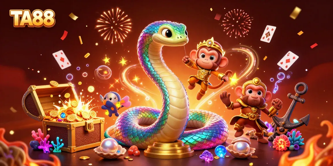 Experience the thrill of TA88 with vibrant casino elements and a whimsical illustration featuring a rainbow serpent and monkey king.